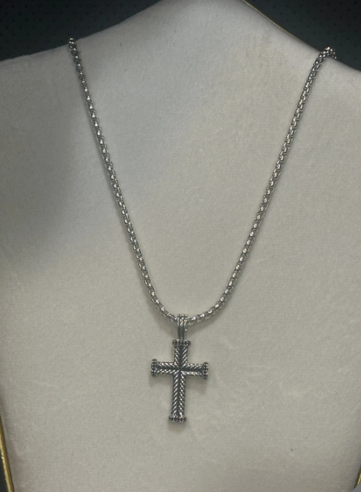Silver 925 David Yurman Chevron Cross Necklace with Black Diamonds