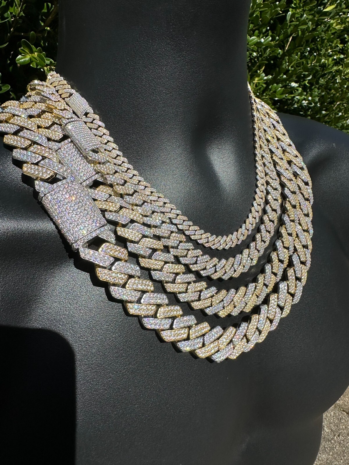 MOISSANITE Real Miami Cuban Link Prong Chain Ice Gold Plated 925 Silver Necklace