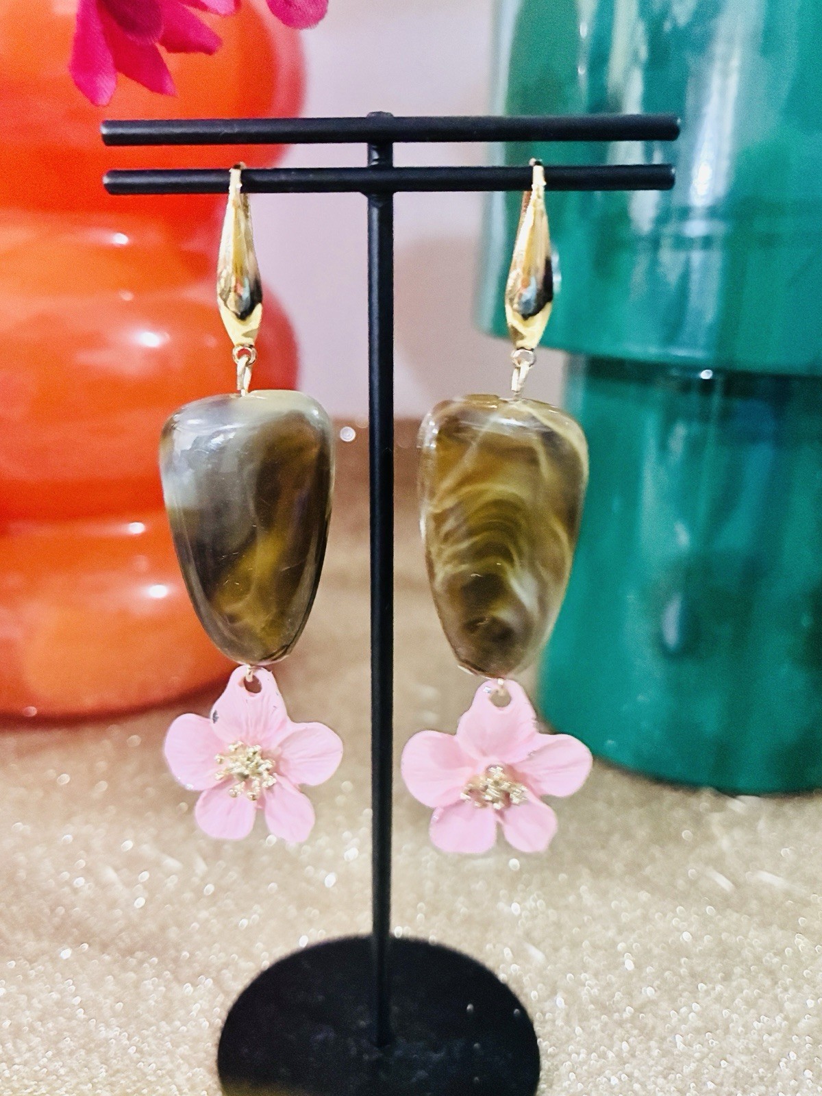 Marble Pink Flower Mid-Century, Modern Earrings, High Quality,