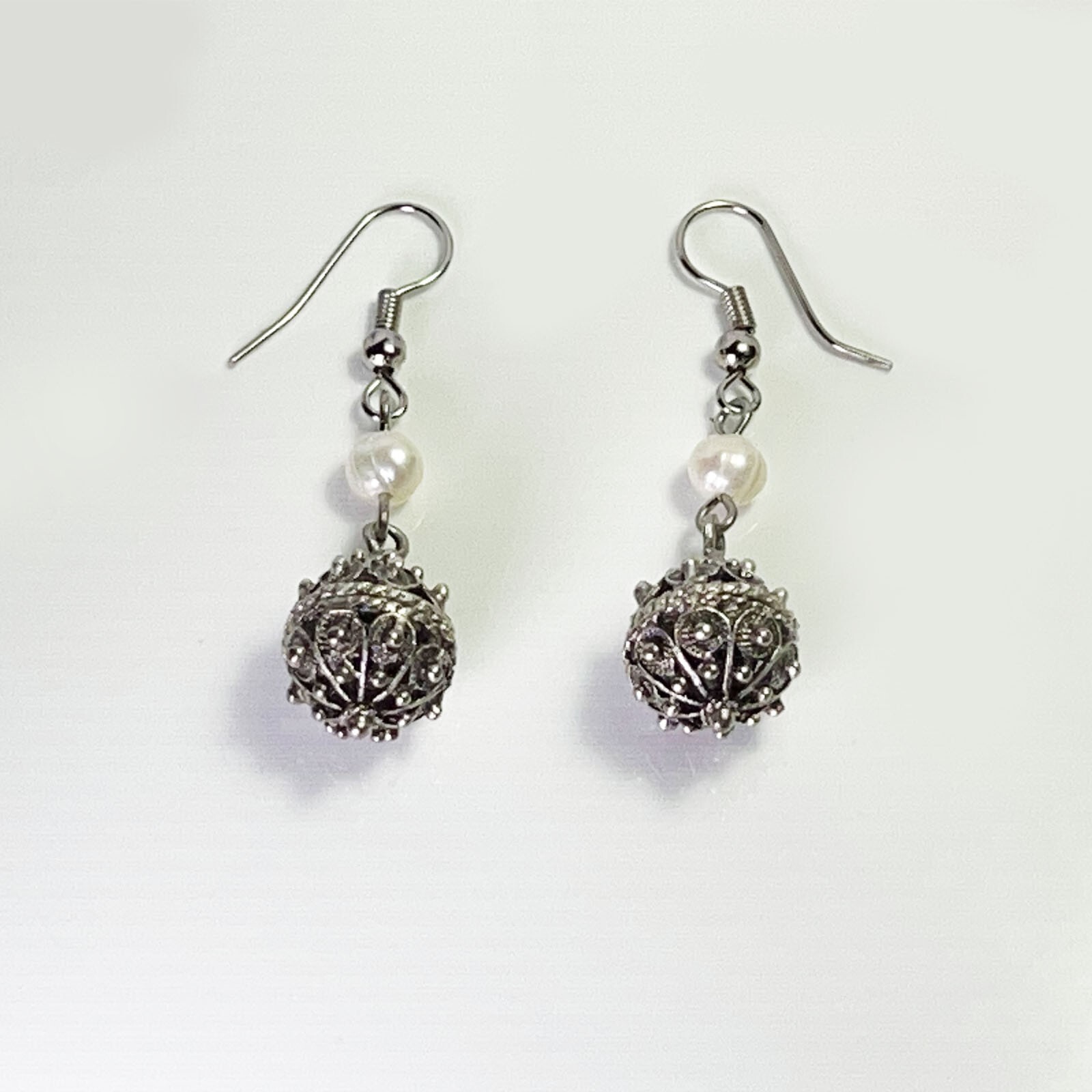 Traditional Croatian Handmade Drop Earrings Šibenik Buttons With White Pearls