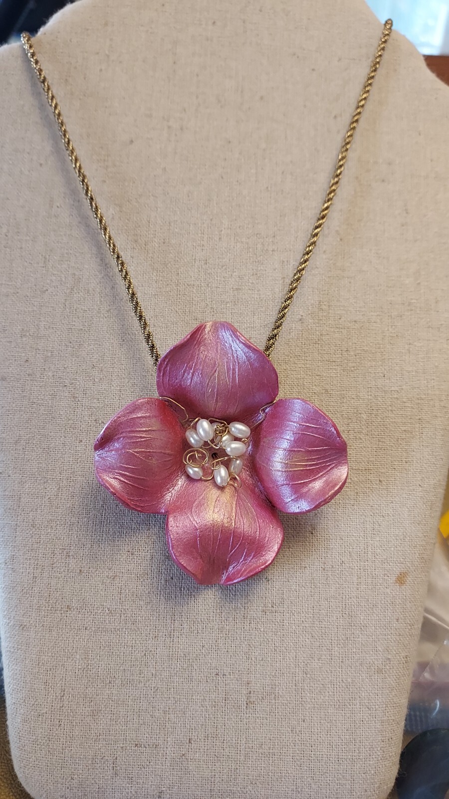Pink Dogwood made of leather Floral statement necklace