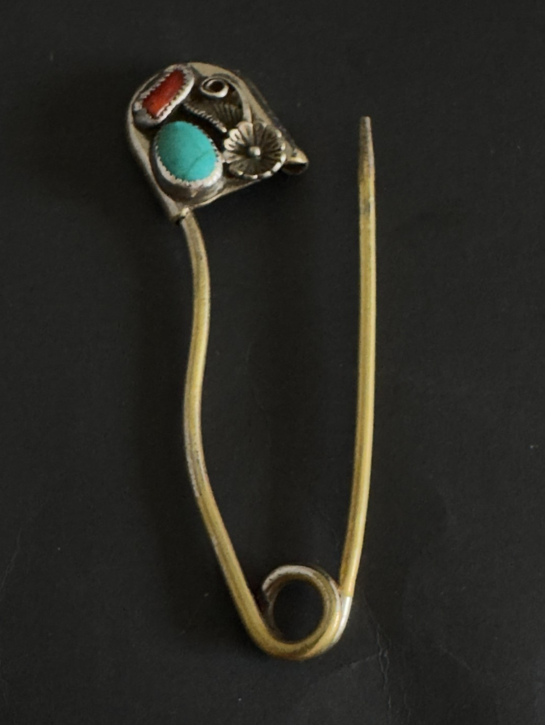 Vintage Risdon Safety Pin Brooch Turquoise Coral Keychain Native American