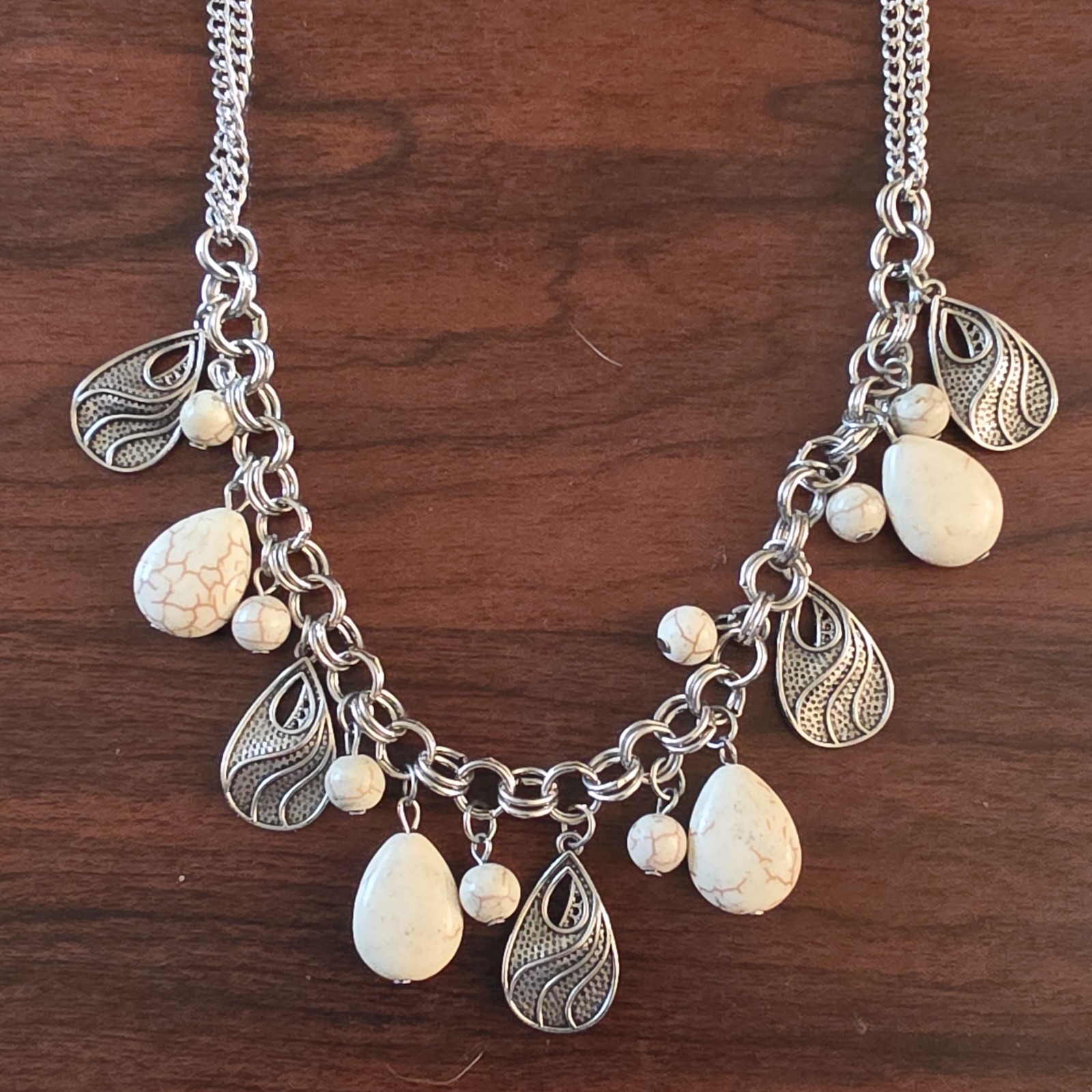 Silver Tone Curb Chain Charm Necklace White Teardrop Howlite Adjustable 18in