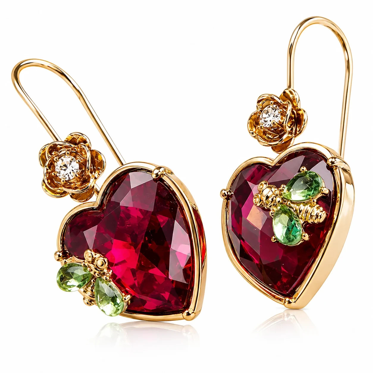 Red Crystal Heart Dangle Earrings Gold Tone Floral Drop Earrings Women’s Gift