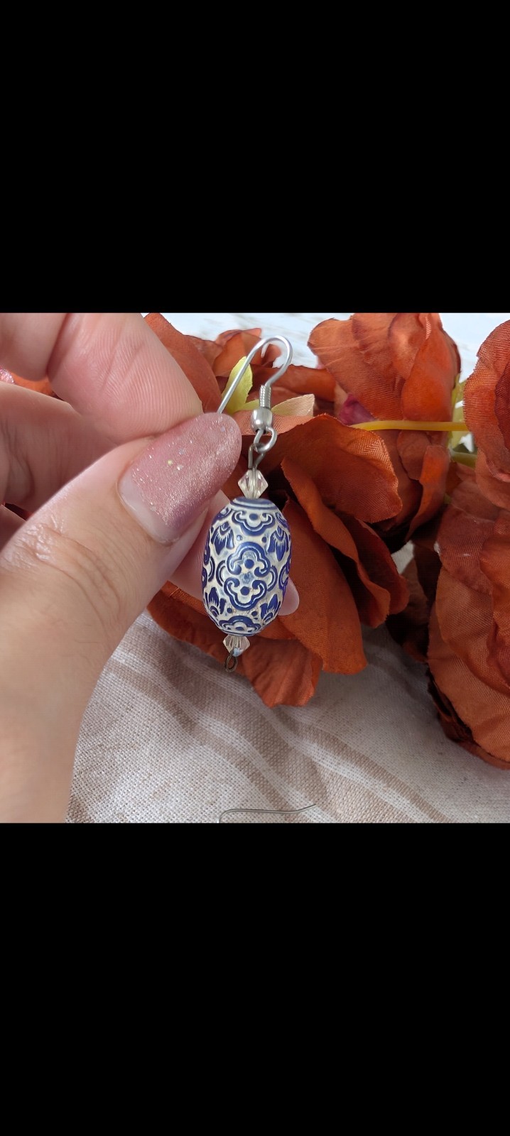 Blue & White Beaded Dangle Drop Hook Earrings Porcelain And Glass