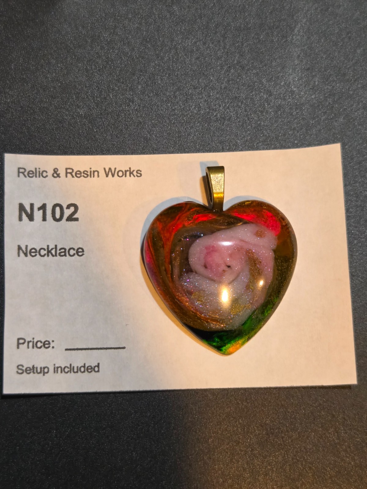 OOAK Nebula Petri Effect Resin Heart Pendant Pink Gold Green N102
