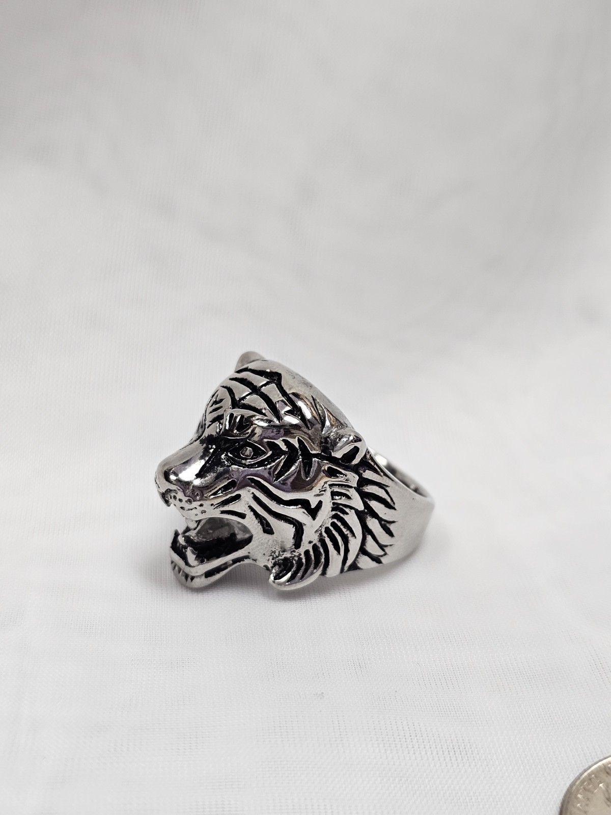 Silver Tone Tiger Head Signet Ring No Stone Animals & Insects Theme Size 11