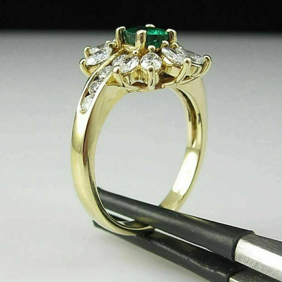 2.00 Ct Oval Cut Natural Emerald & Diamond Wedding Ring 14K Yellow Gold Size 7