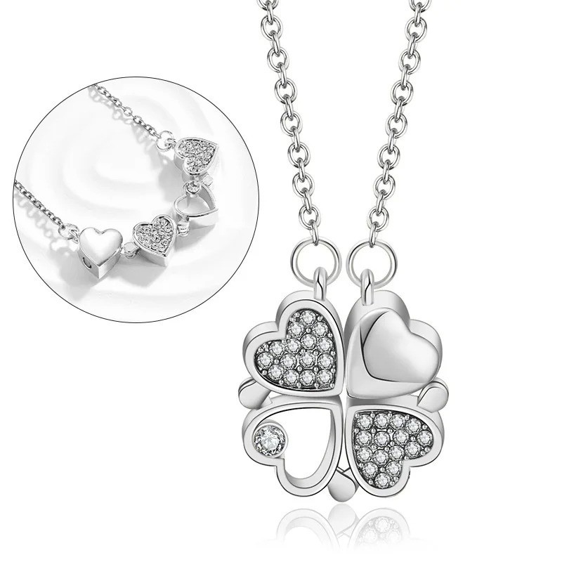 Four Leaf Clover Magnetic Folding Convertible Heart Pendant Necklace