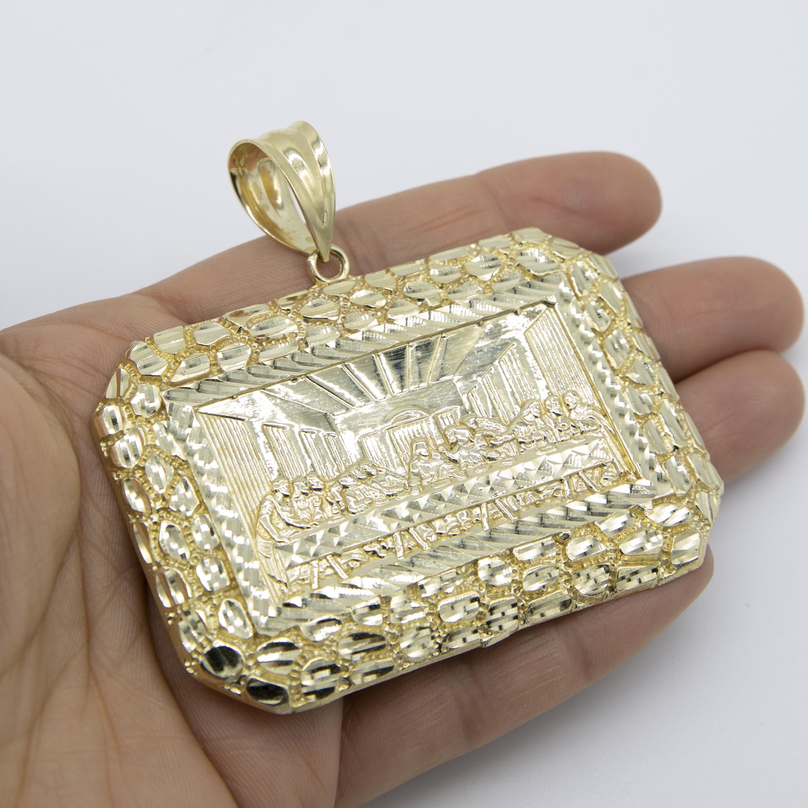 2 3/4″ Huge Nugget-Frame Last Supper Pendant Solid Real 10K Yellow Gold