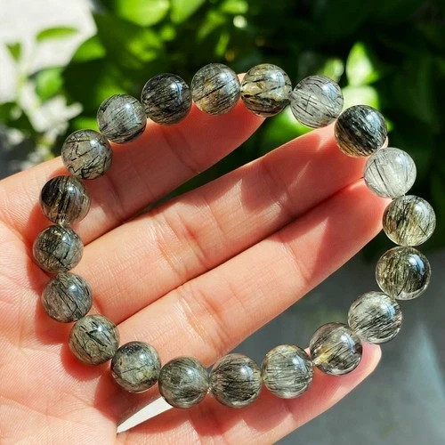 9mm Natural Black Rutilated Quartz Crystal Beads Bracelet 2342