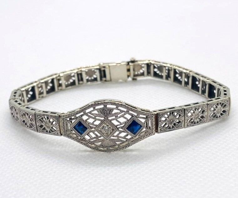 14K White Gold Die Struck Art Deco Diamond and Lab Created Sapphire Bracelet 6.5