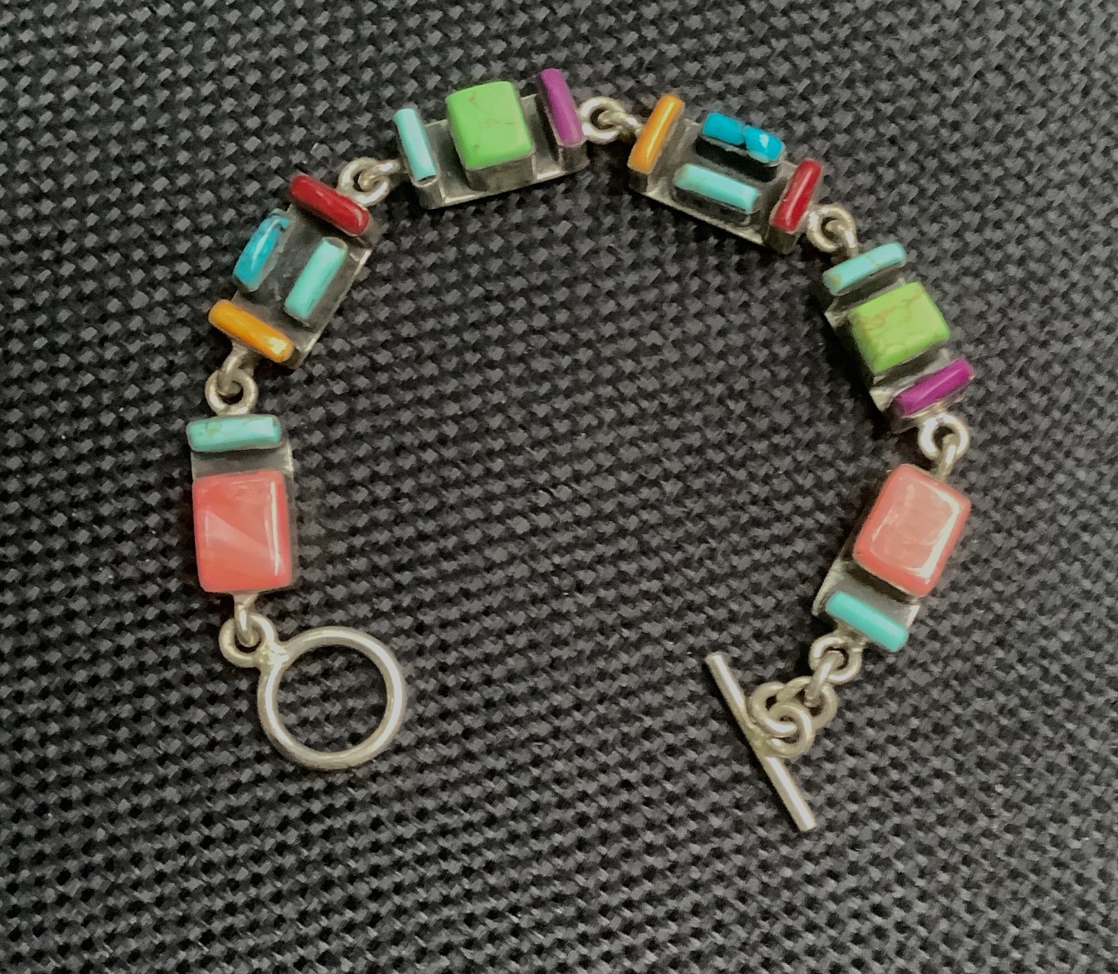 VTG Mexico 925 Inlaid MOSAIC Multi Gemstone Bracelet SZ 6.5 SMALL