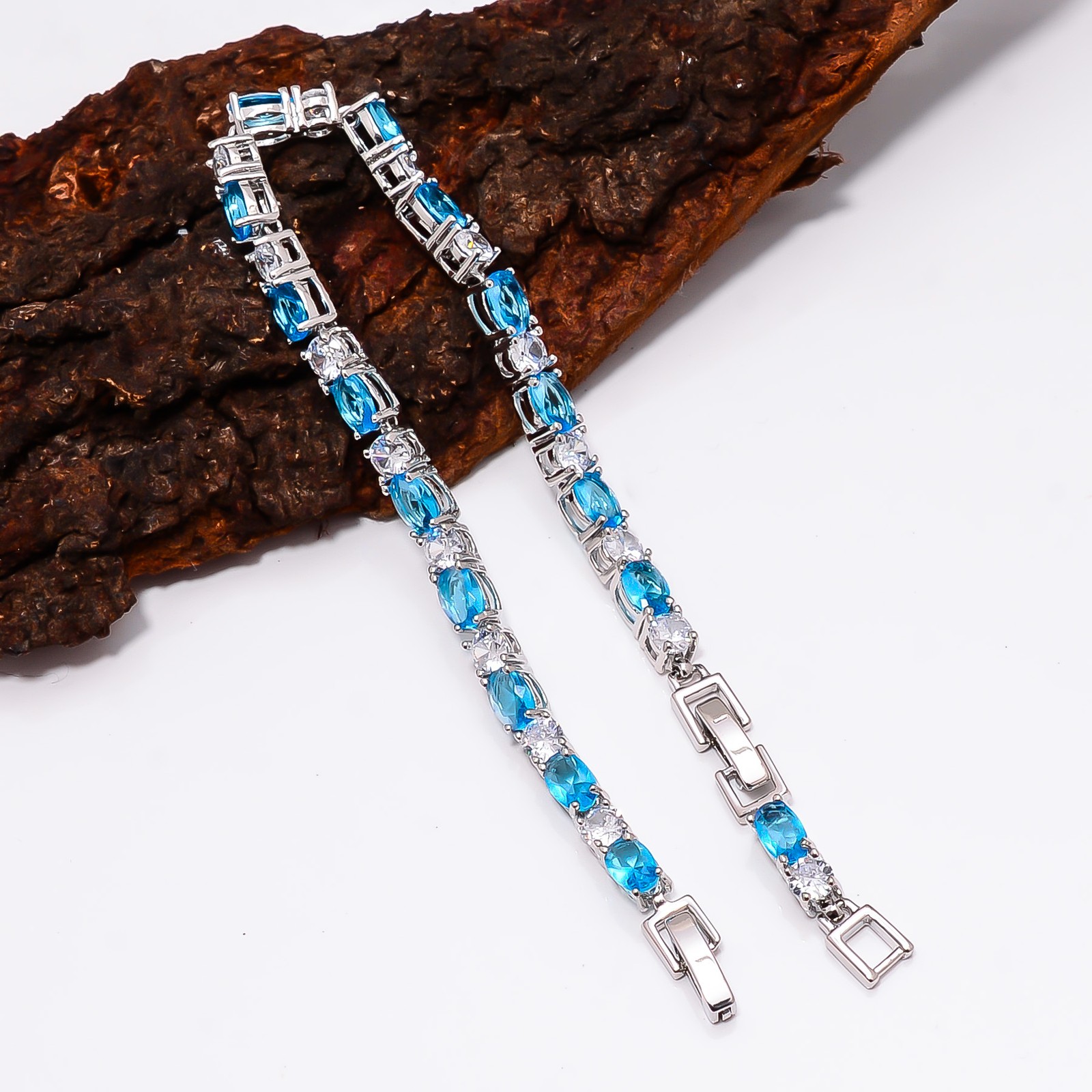 Blue Topaz, CZ 925 Sterling Silver Adjustable Bracelet 7-8″ B12804