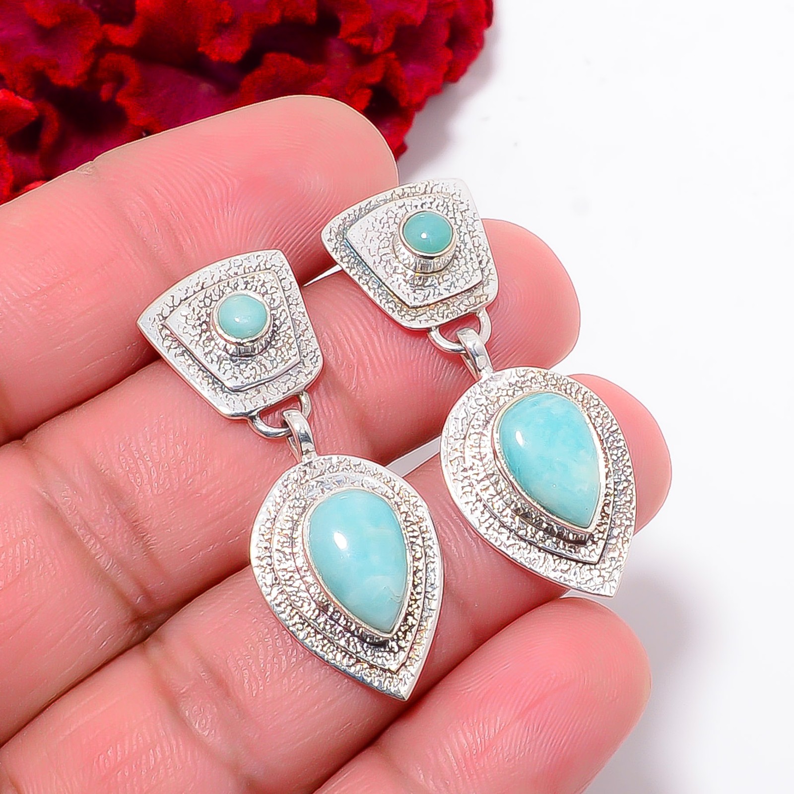 Amazonite – Peru Designer Handmade 925 Sterling Silver Earring 1.44″ E0293111045