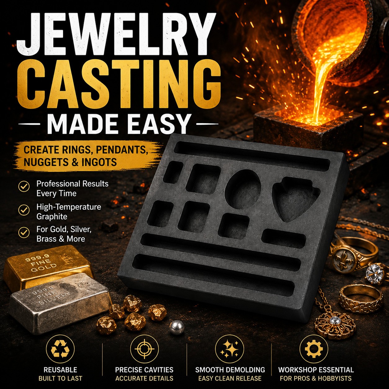 Graphite Ingot Casting Mold 4x4in Gold Silver Copper Bar Coin Tool Block Set Die