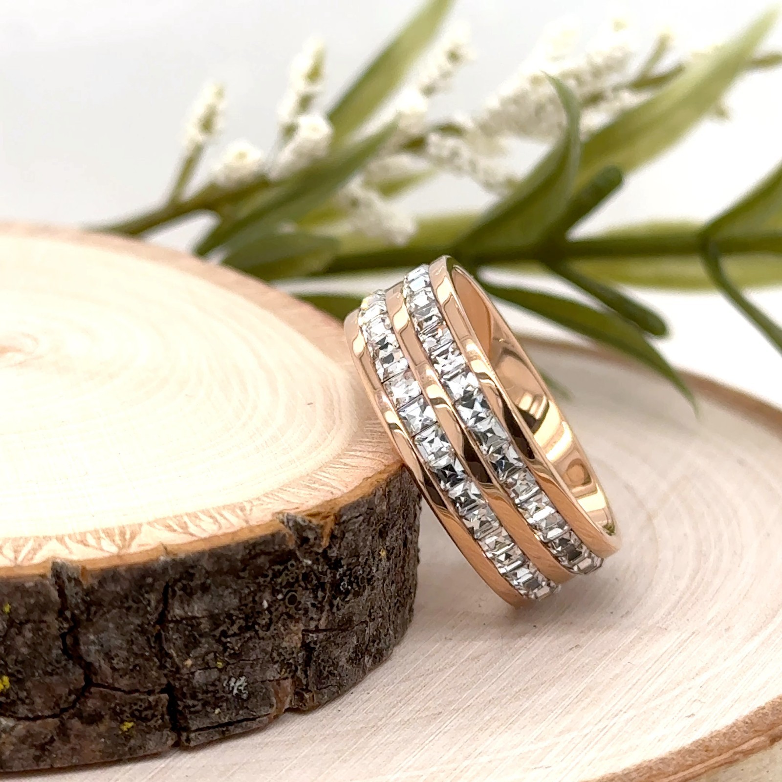 8mm Rose Gold Titanium Wedding Band Dual CZ Diamond Inlay Lightweight Ring