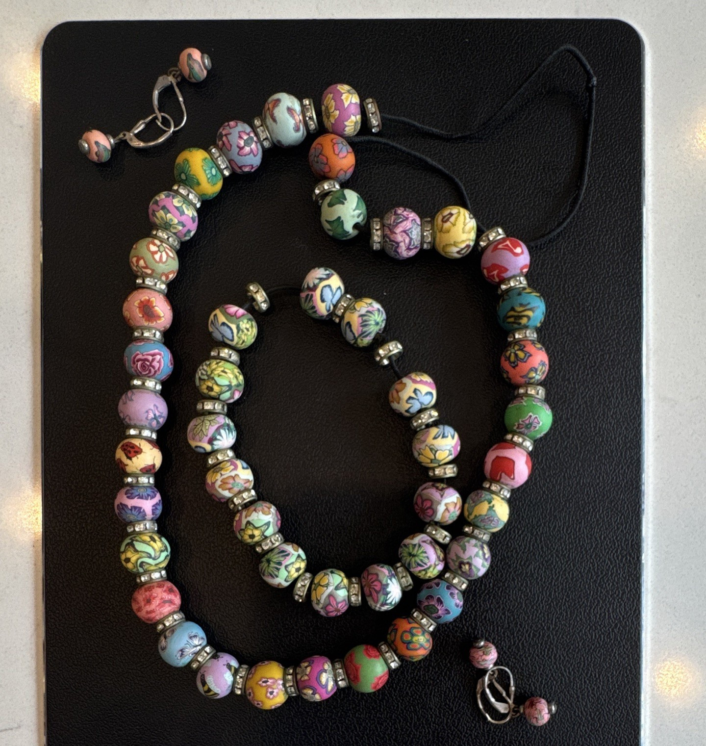 Handmade clay beaded necklace, bracelet and 2 sets of earrings set