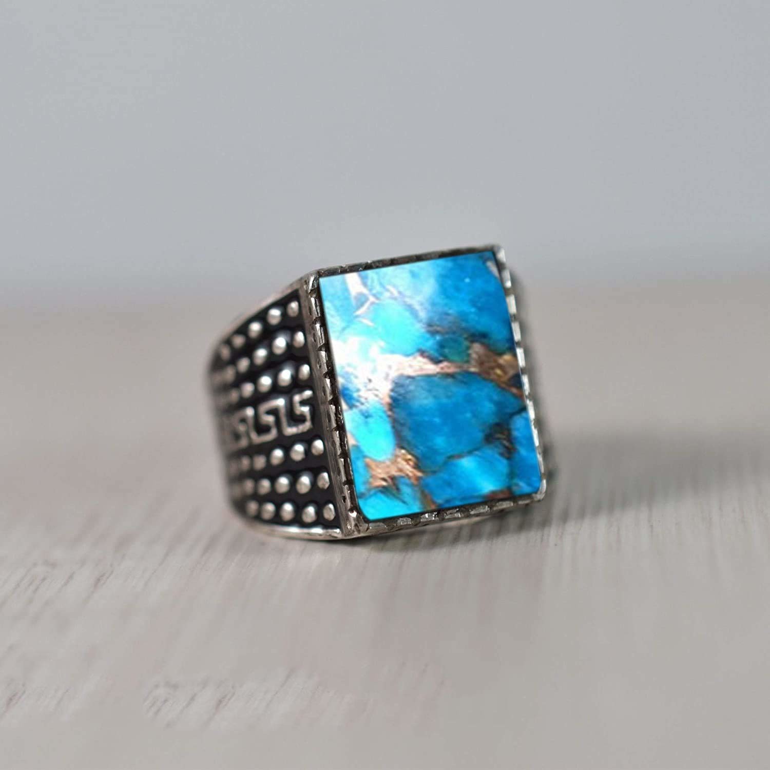 Solid 925 Sterling Silver AA Natural Copper Turquoise Gemstone Men’s Unisex Ring