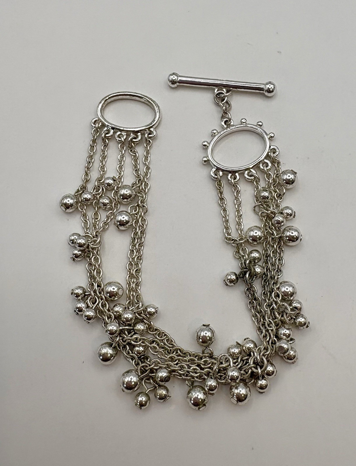 Ralph Lauren Silver Tone Multi Strand Ball Charm Toggle Bracelet 7.5” Signed RL