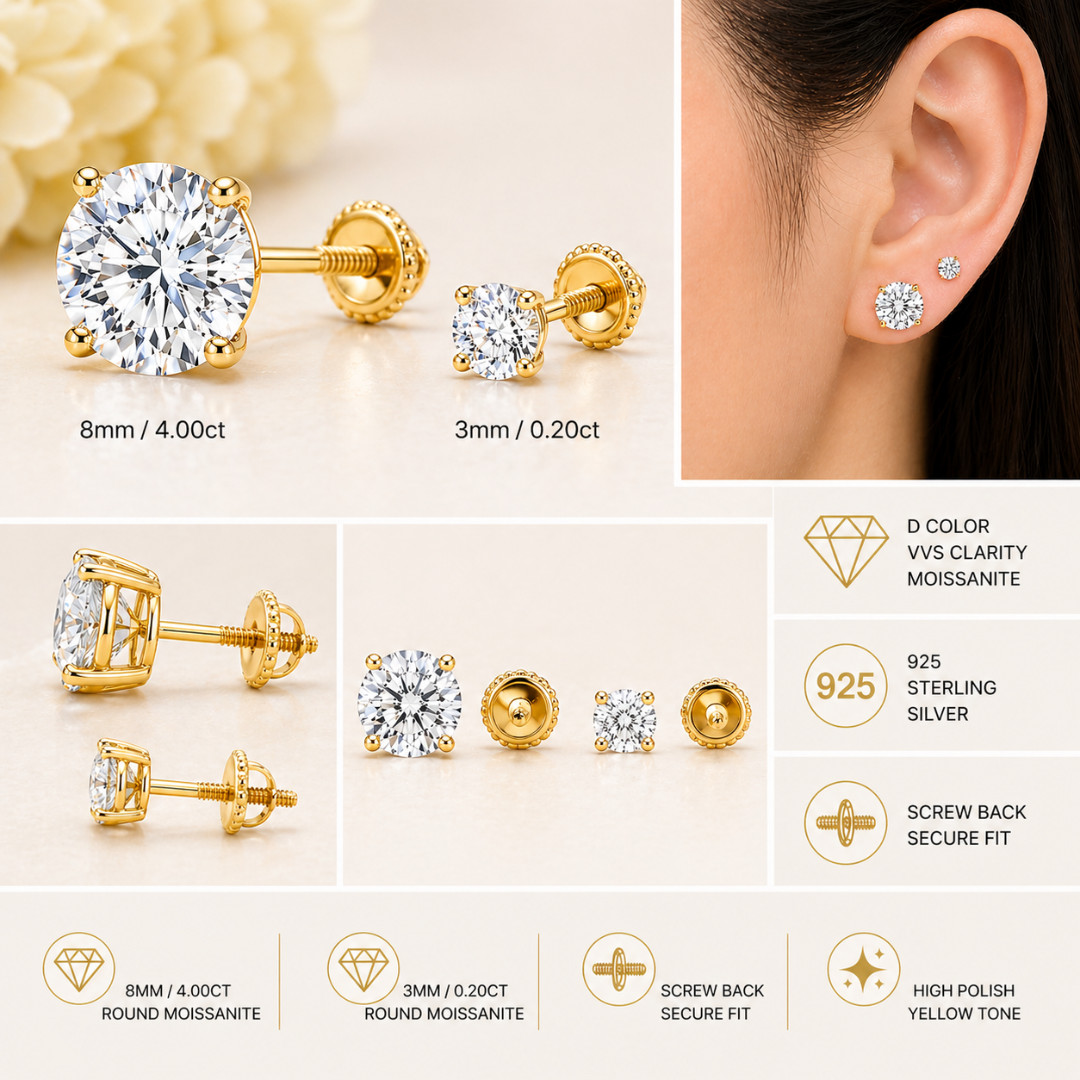 Moissanite Stud Earrings Princess Cut 925 Silver Gold Screw Back Unisex