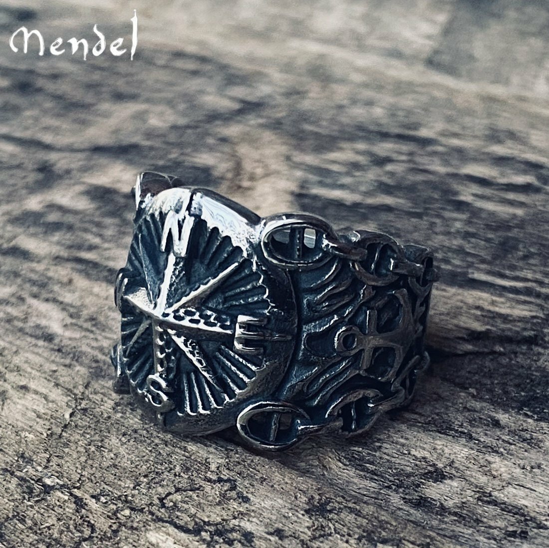 MENDEL Mens Nautical Biker North Star Anchor Ring 316L Stainless Steel Size 7-15