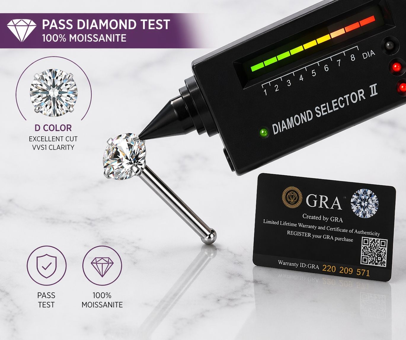 Moissanite Stone Titanium Nose Stud/Ring Piercing 18 Gauge passes Diamond Tester