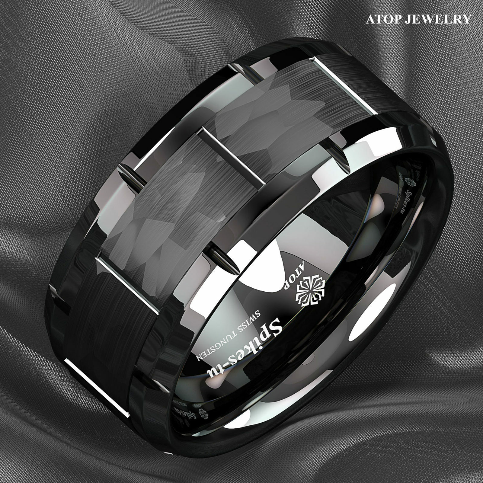 8mm All Black Brushed Hammered Tungsten Ring for Men Wedding Band ATOP Jewelry