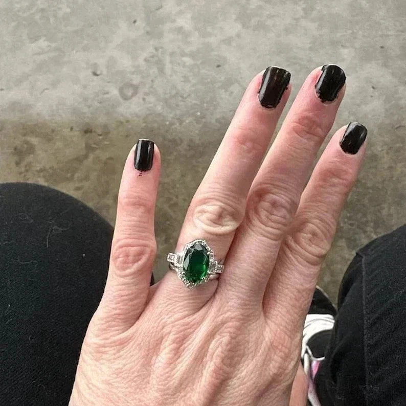3.65 Ct Oval Cut Natural Emerald Diamond Wedding Ring 14k White Gold