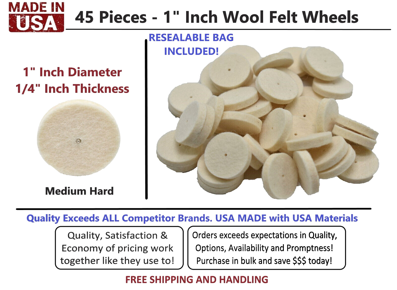 45x Wool Felt Polishing Buffing Wheel Polisher Disc Pad Rotary Tool 25mm 1 Inch