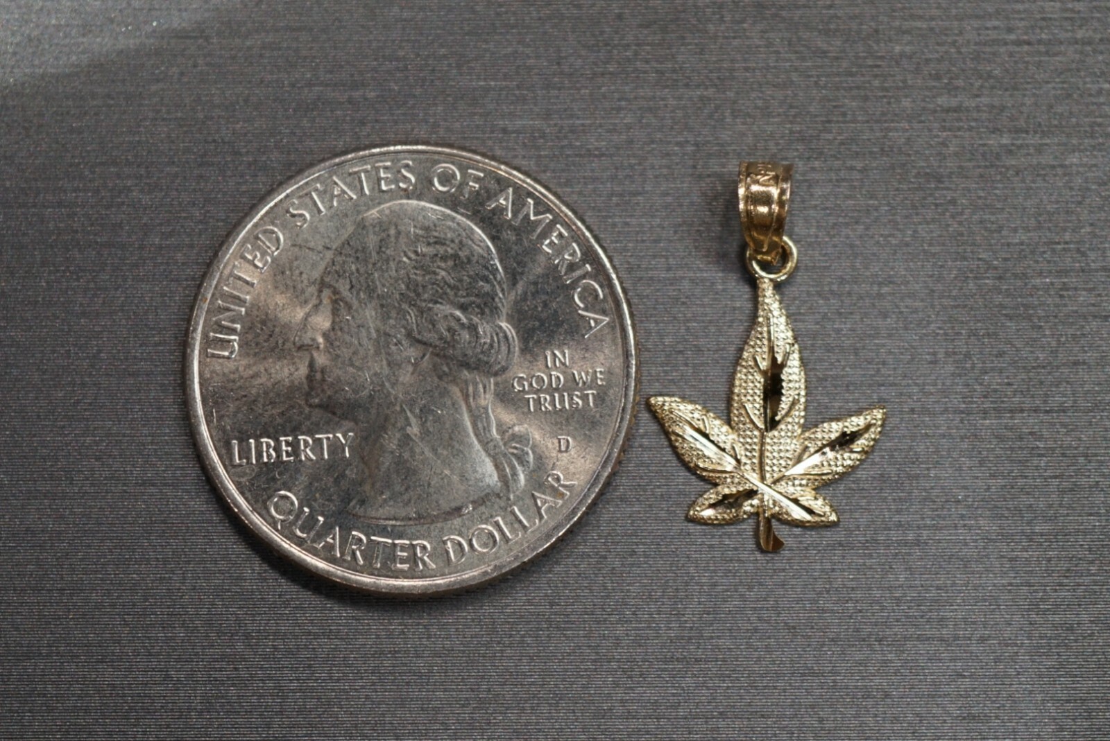 14K Solid Yellow Gold Tiny Diamond Cut 0.8″ Marijuana Leaf Charm Pendant.