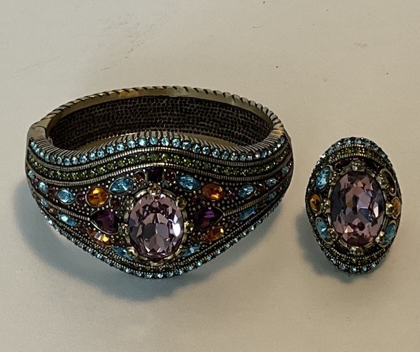 Heidi Daus Purple Stone Multicolor Crystal Bracelet & Ring Set Signed