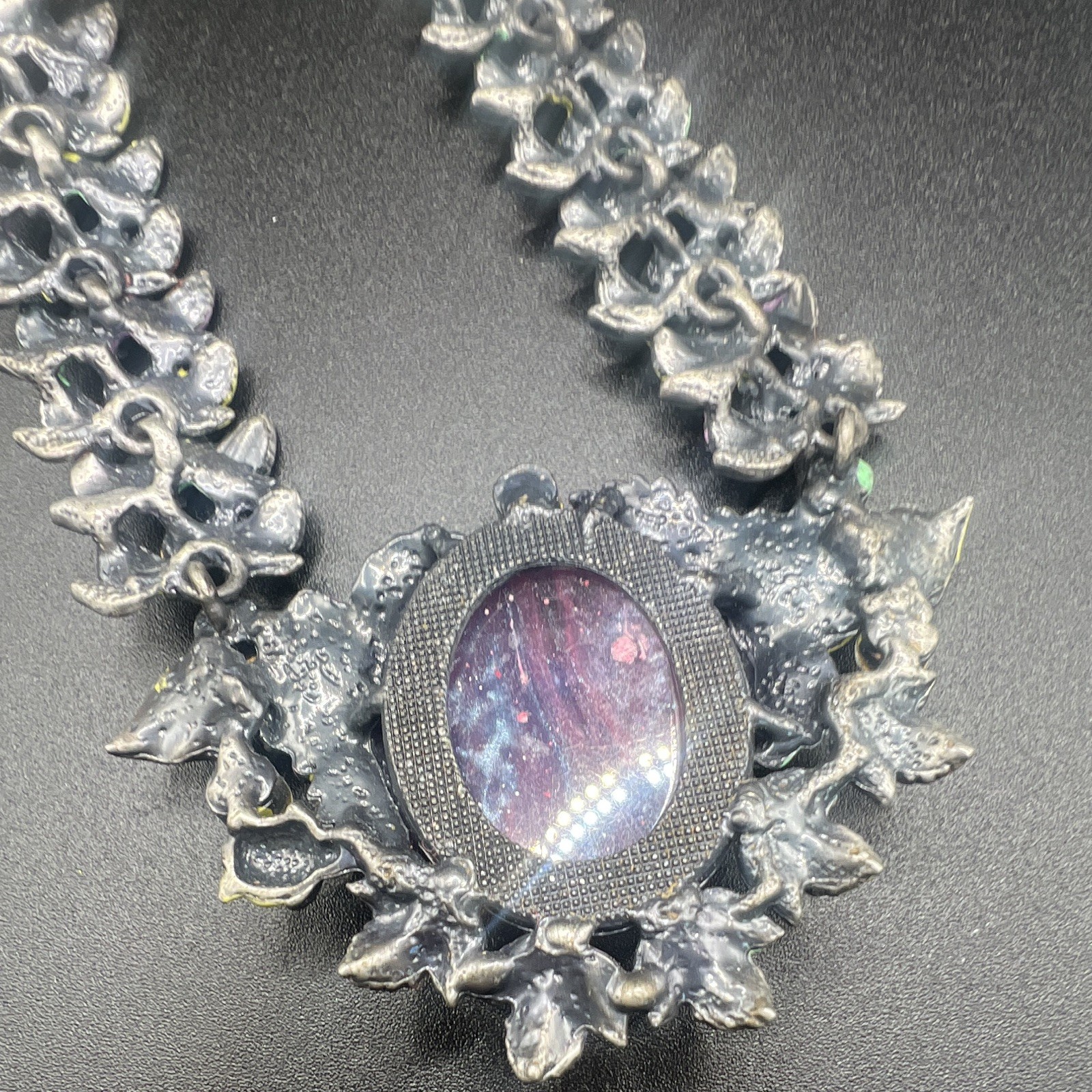 Floral Necklace Rhinestone Cluster Bib Jewels Colorful Flowers Silver Chain Boho
