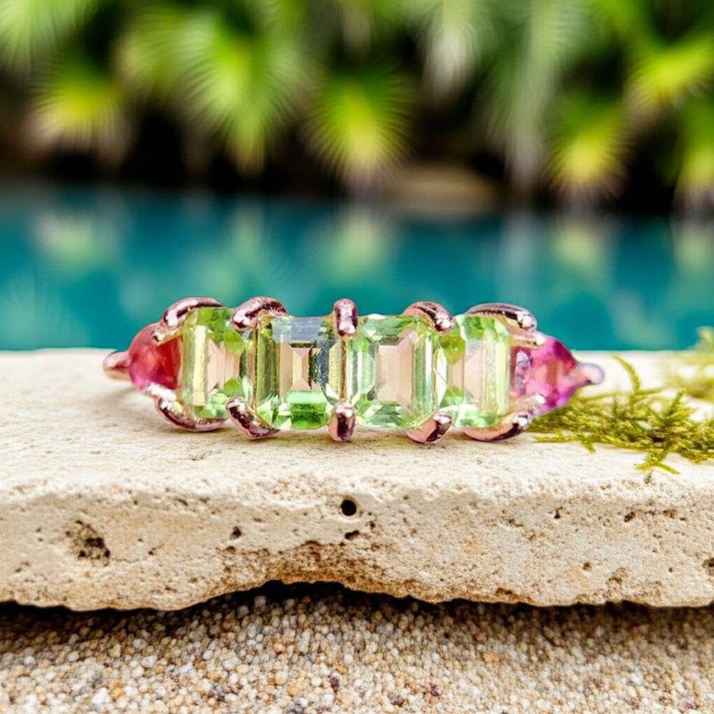 Natural Peridot and Brazilian Tourmaline Band Ring Platinum Plated Silver