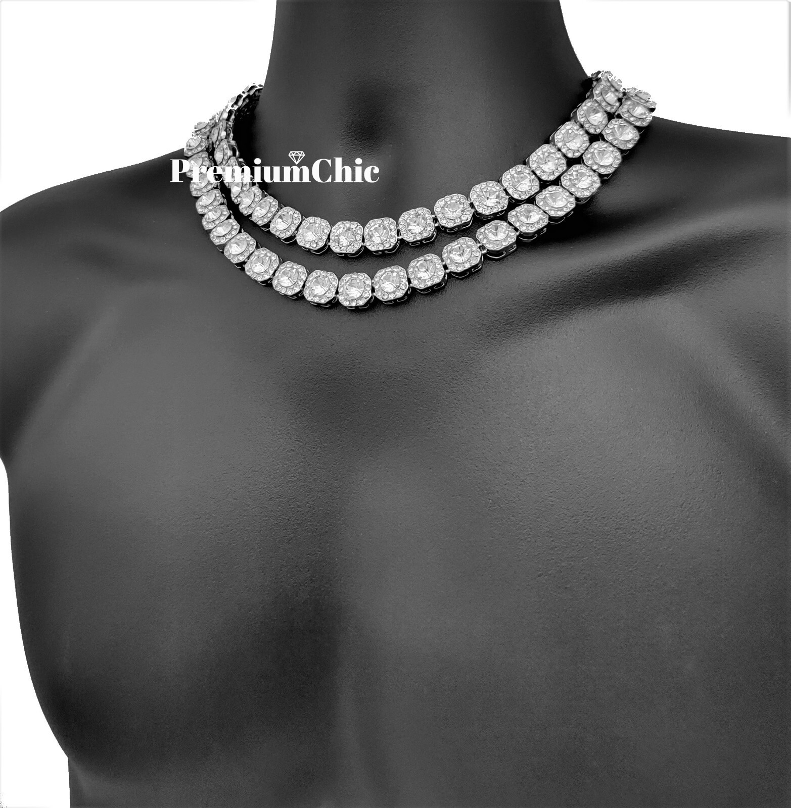 Iced Baguette Cluster Tennis Chain Necklace Plated CZ Men HipHop Fashion Jewelry