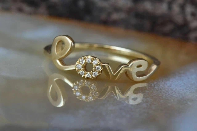 Real Moissanite 1.80Ct Round Cut Love Design Wedding Ring 14K Yellow Gold Plated