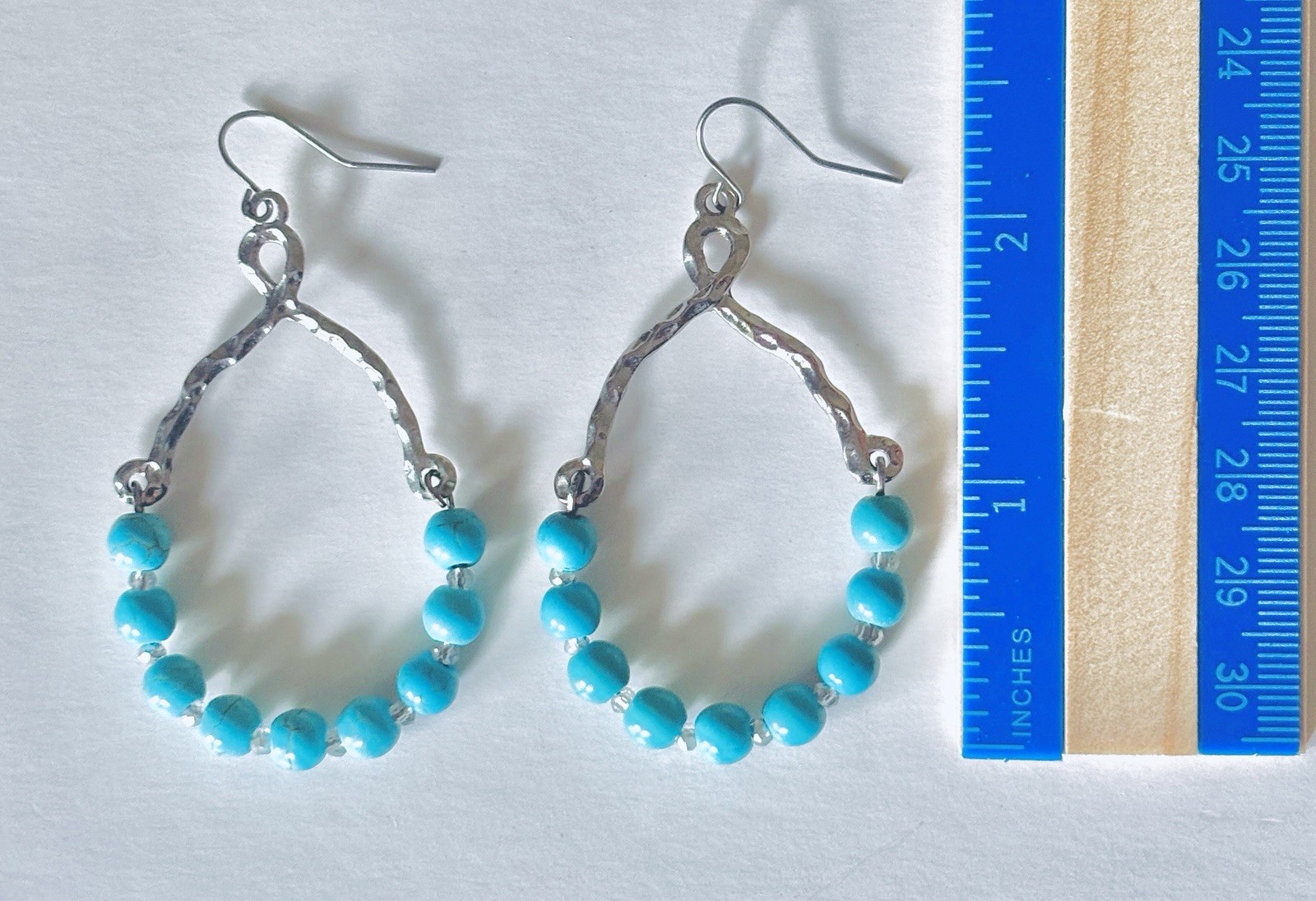 Silver and Turquoise Beaded Dangle Hoop Pierced Earrings Teardrop Shape BOHO