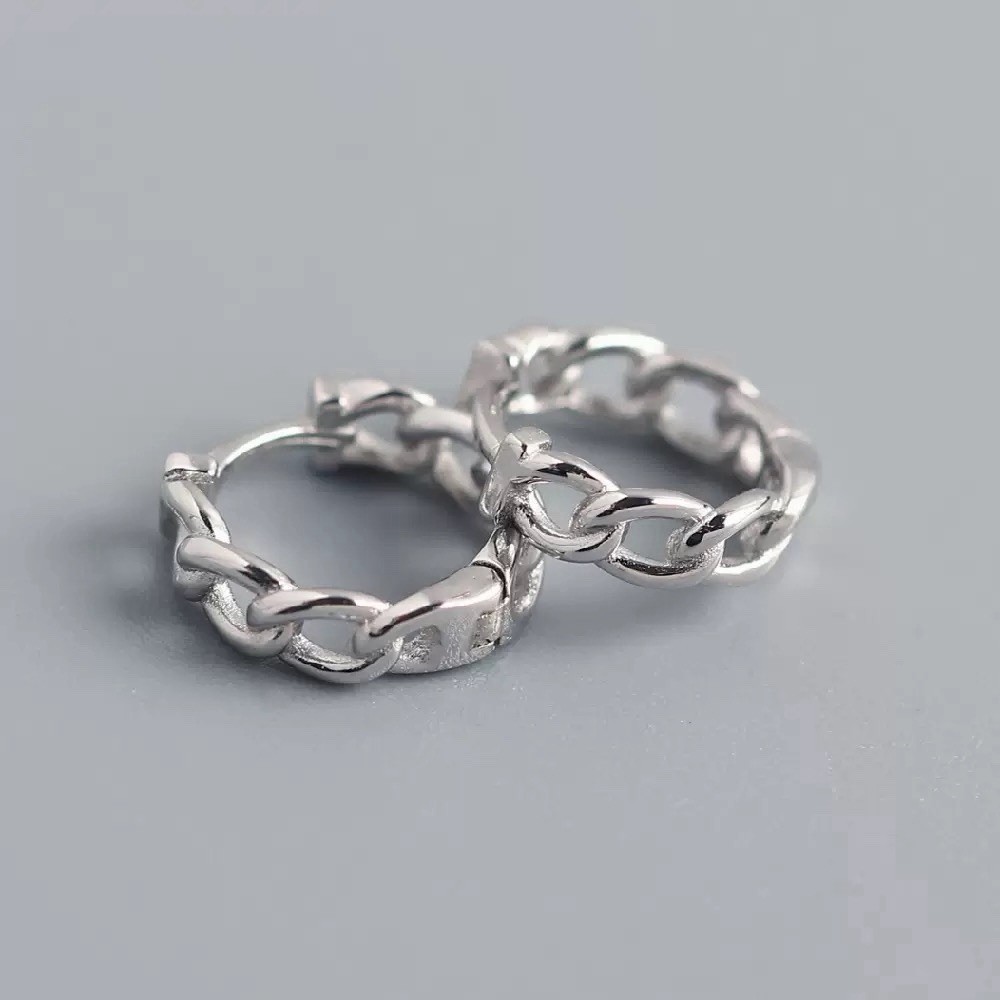 925 Silver Chain Link Huggie Hoop Earrings Vintage Unisex Geometric Earrings A62