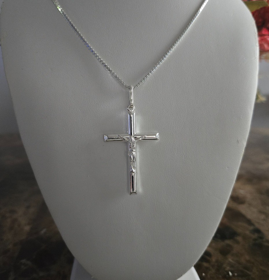 Rhodium Plated Sterling Silver Crucifix Pendant – Large 42 MM