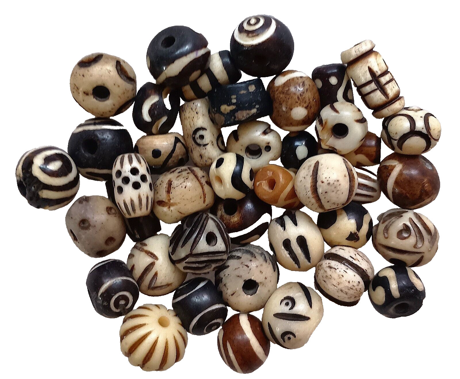 Buffalo Bone Beads, 40 Plus Pcs, Asst Shapes, Black, Brown and White, 5mm – 12mm