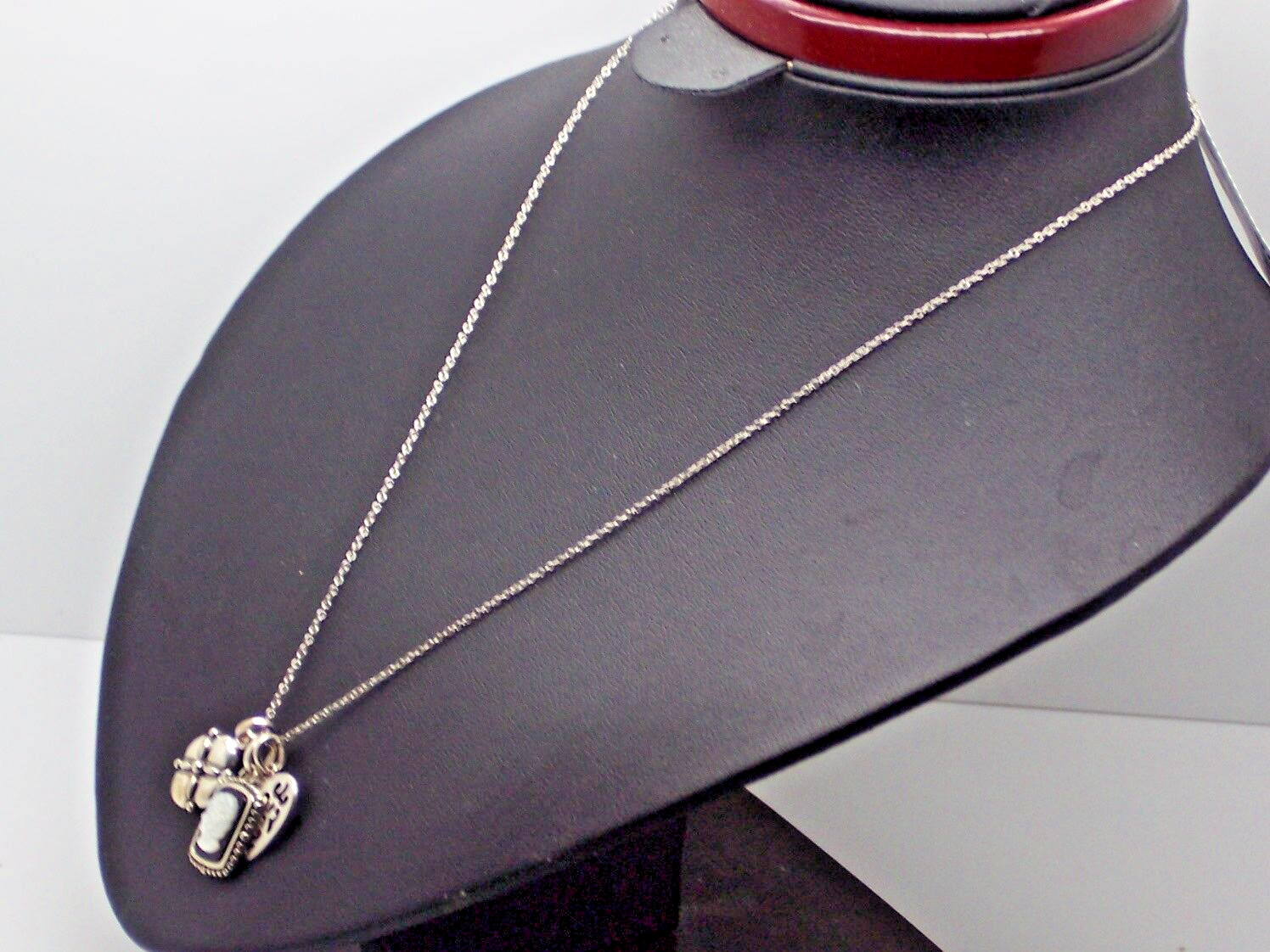 Three Charm Pendant Necklace .925 Sterling Heart Clover & Cameo