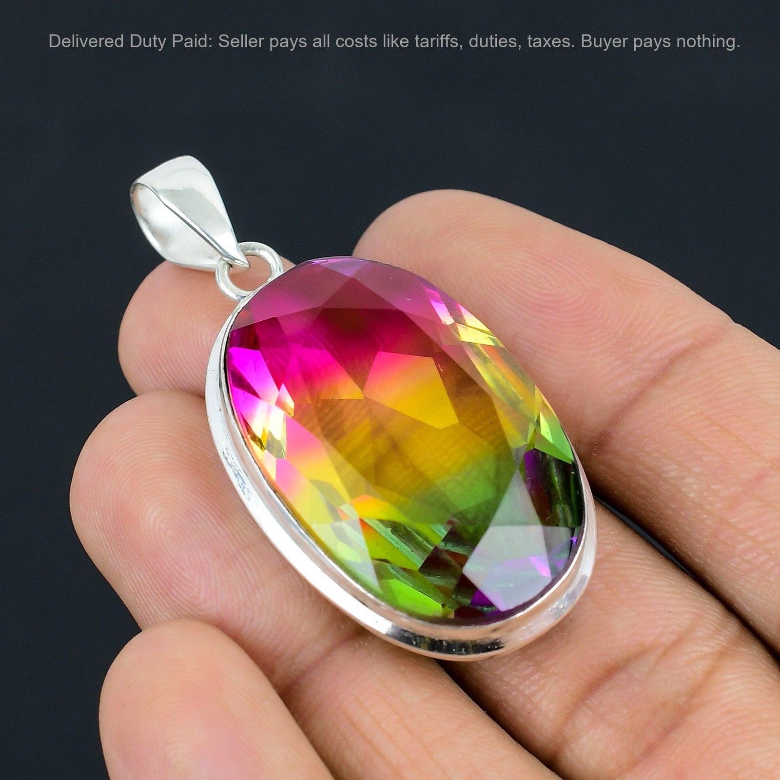 925 Silver Oval Multi Tourmaline Gemstone Elegant Mother Engagement Boho Pendant