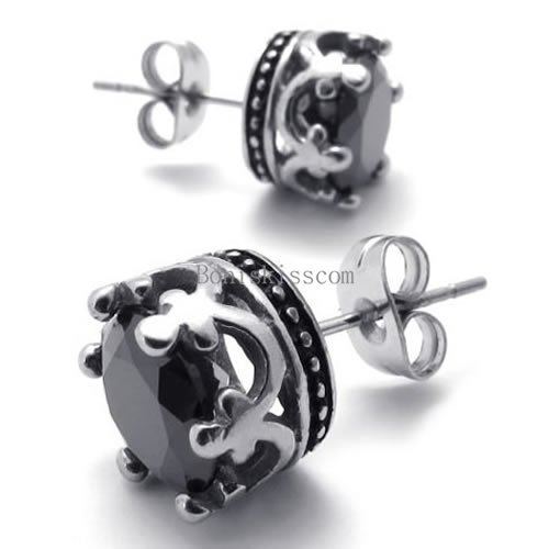 Women’s Men’s Round Crown Cubic Zirconia Silver Stainless Steel Stud Earrings