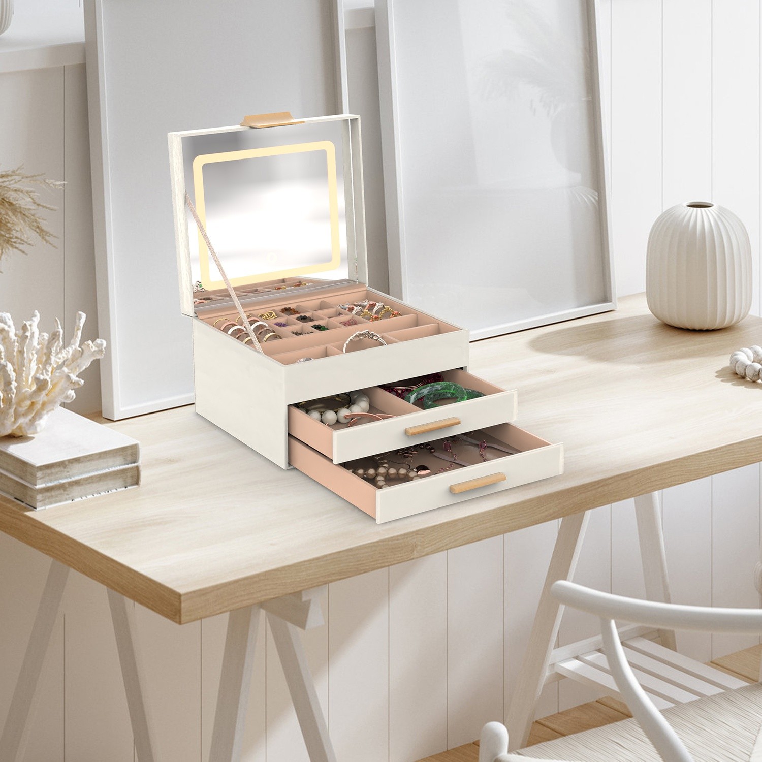 3‑Layer Jewelry Box with LED Mirror – PU Leather Organizer with Drawers for Ring