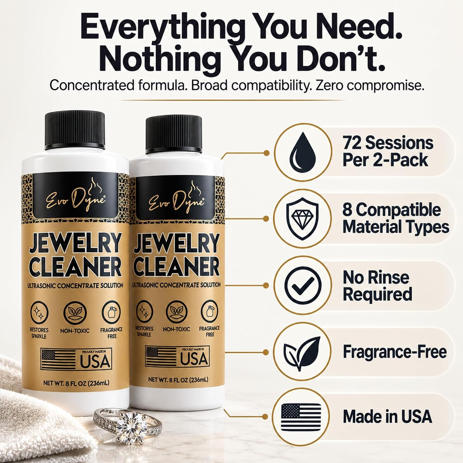 Ultrasonic Jewelry Cleaner Solution | Concentrated, 2-Pack, 8Oz | Jewelry Cleane