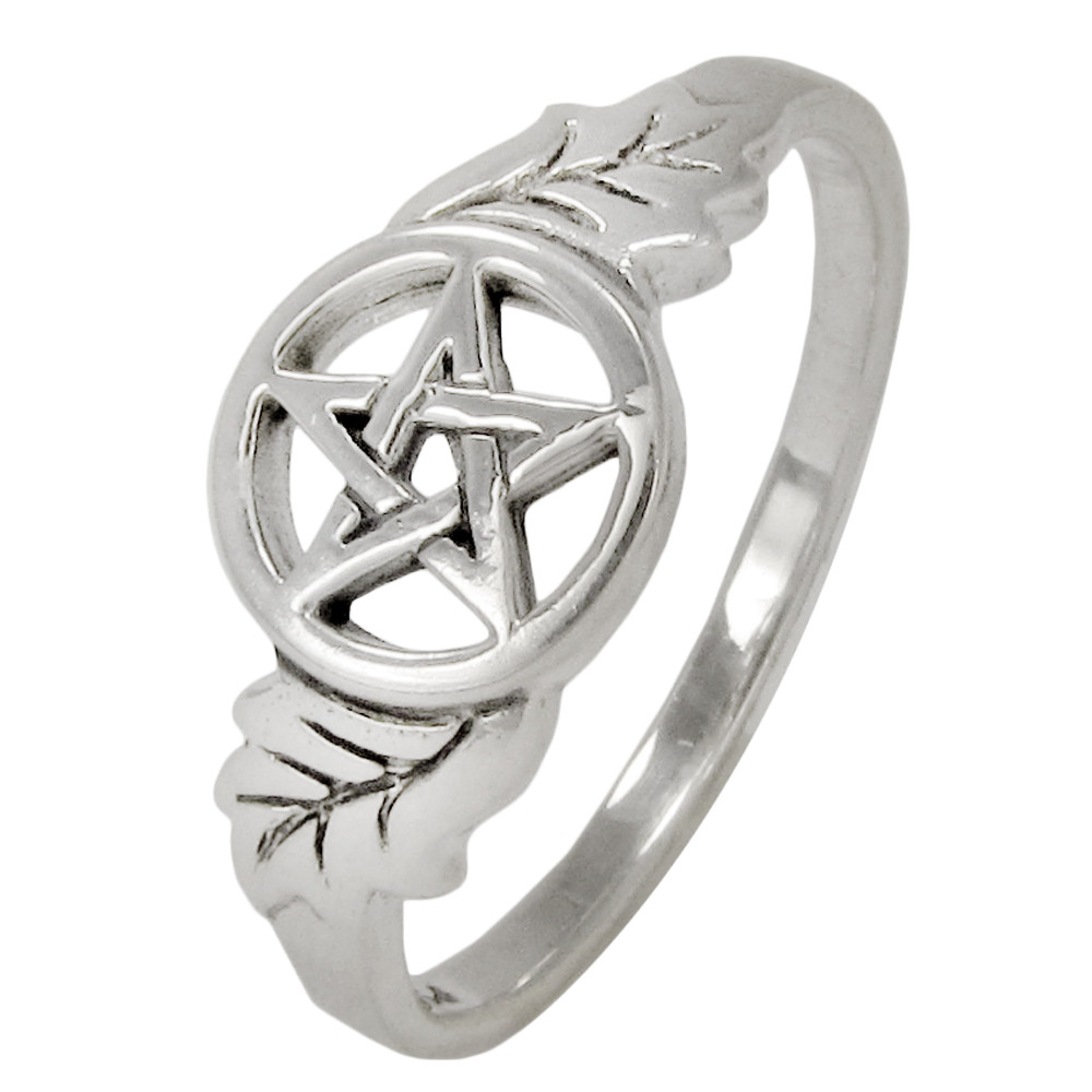 Sterling Silver Oak Tree Leaf Pentacle Ring – Wiccan Pagan Pentagram Jewelry