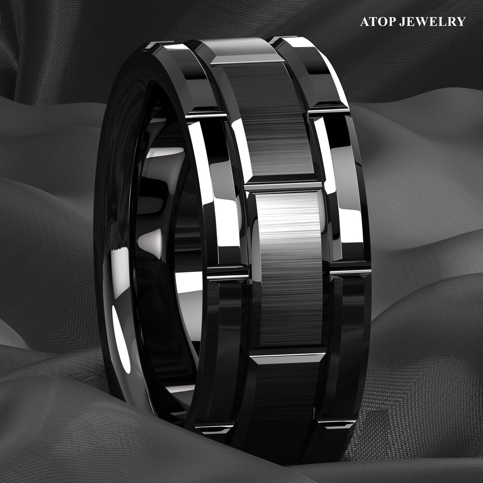 8mm Black Tungsten Carbide Ring Bushed Brick Pattern ATOP Men Wedding Band