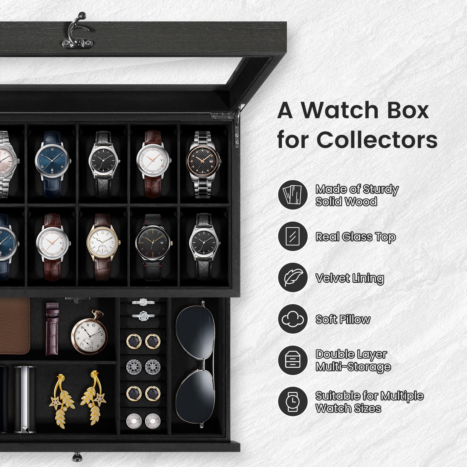 12 Slots Watch Box Organizer Solid Wood Glass Lid Watch Case Jewelry Display Box
