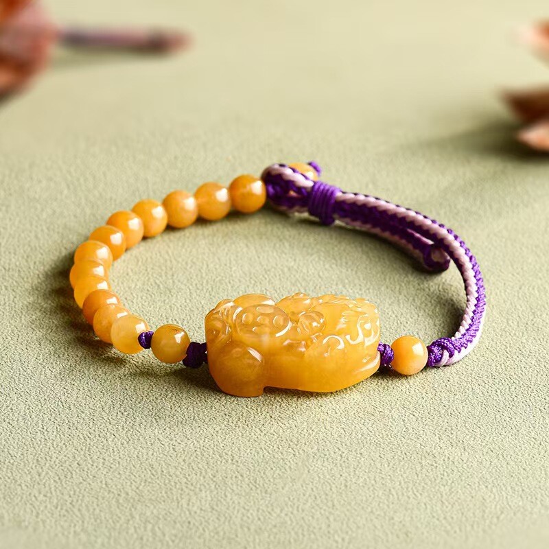 Real Grade A 100% Natural Yellow Jade Lucky PixiuBeads Bracelet 5.9-7.9inch
