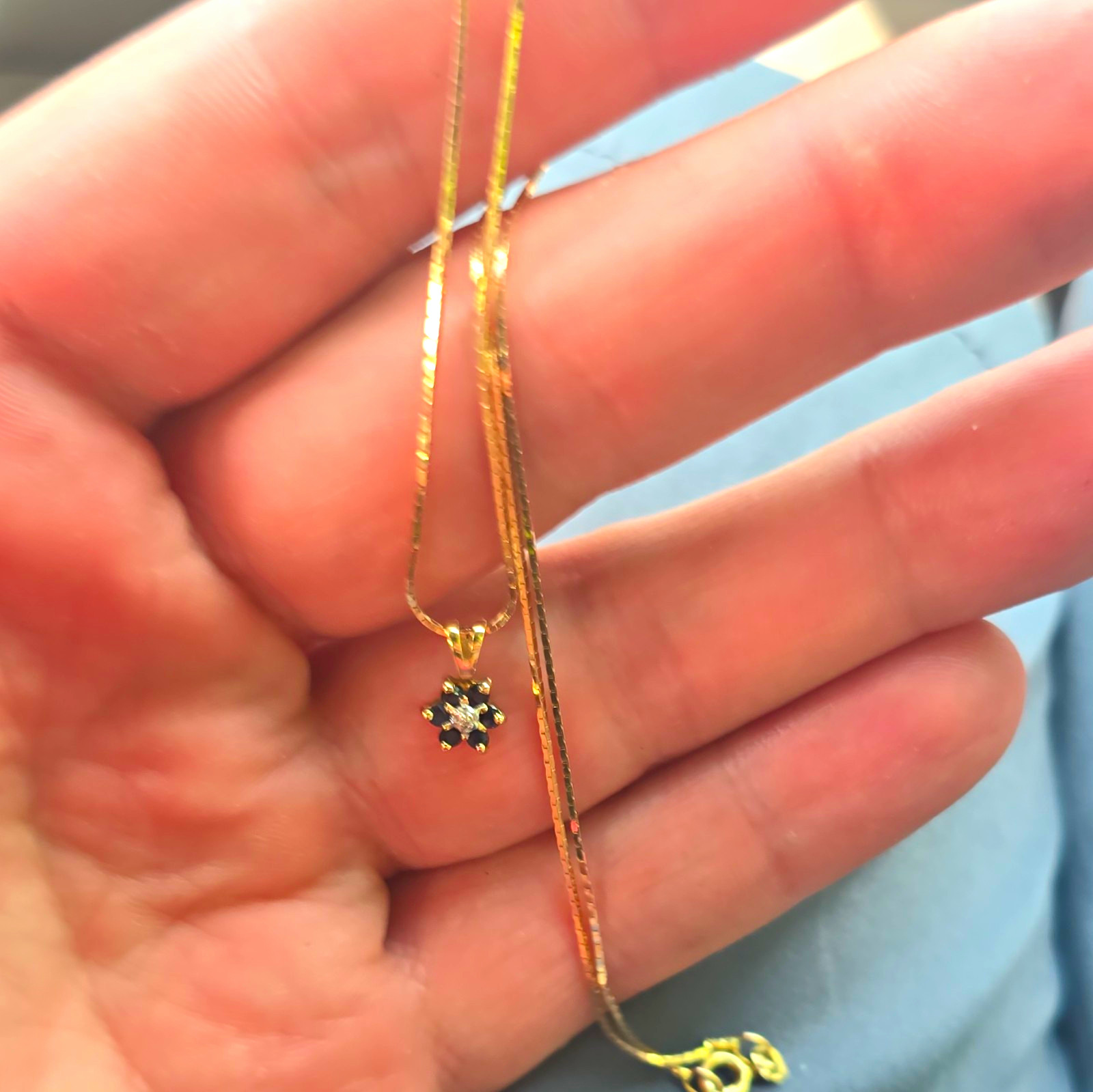 14k 585 16in Gold Chain With Natural Blue Diamond Pendant